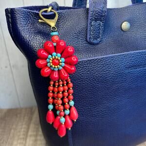 Beaded Flower Bag Charm NEW! Red Flower Purse Charm Keychain Spring Accessories